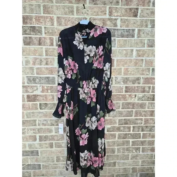 Nanette lepore Black Floral Vibrant Long Sleeves Dress Size 12 - Picture 5 of 7